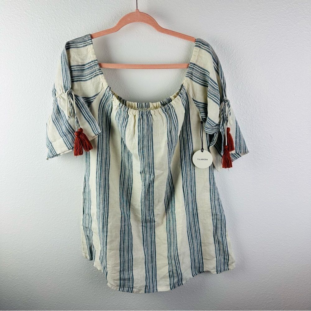 Tularosa Linen Blend Blue Ivory Striped Tassel Dress Size‎ XS